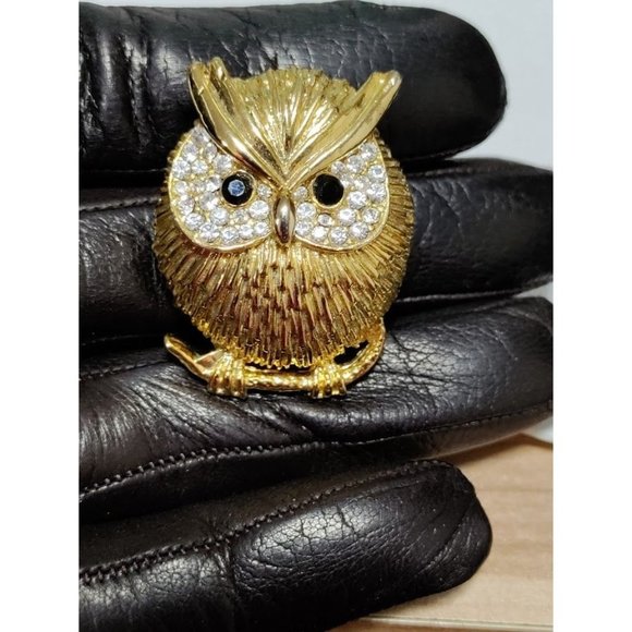 Adorable Owl Gold Tone Safety Pin Brooch With Rhinestone Black Onyx - Picture 7 of 7